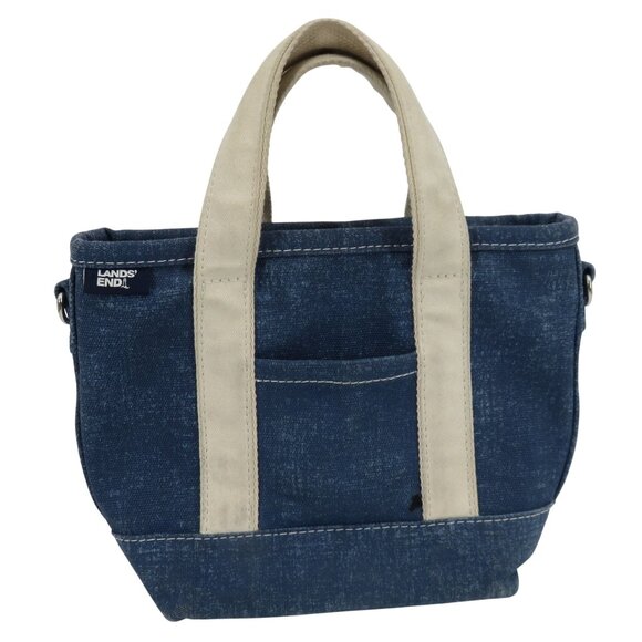 Lands End Small Solid Blue 3 Pocket Zip Top Canvas Tote Bag Crossbody D Rings - Picture 1 of 15